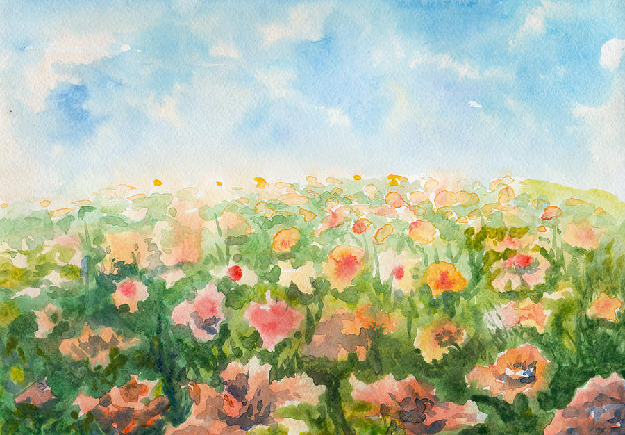 Flowering Meadow, Watercolor Painting #1 Drawing by Pobytov