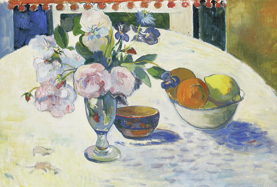 Flowers and a Bowl of Fruit on a Table, from 1894 Painting by Paul Gauguin
