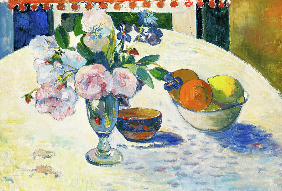 Paul Gauguin Painting - Flowers and a Bowl of Fruit on a Table #1 by Paul Gauguin