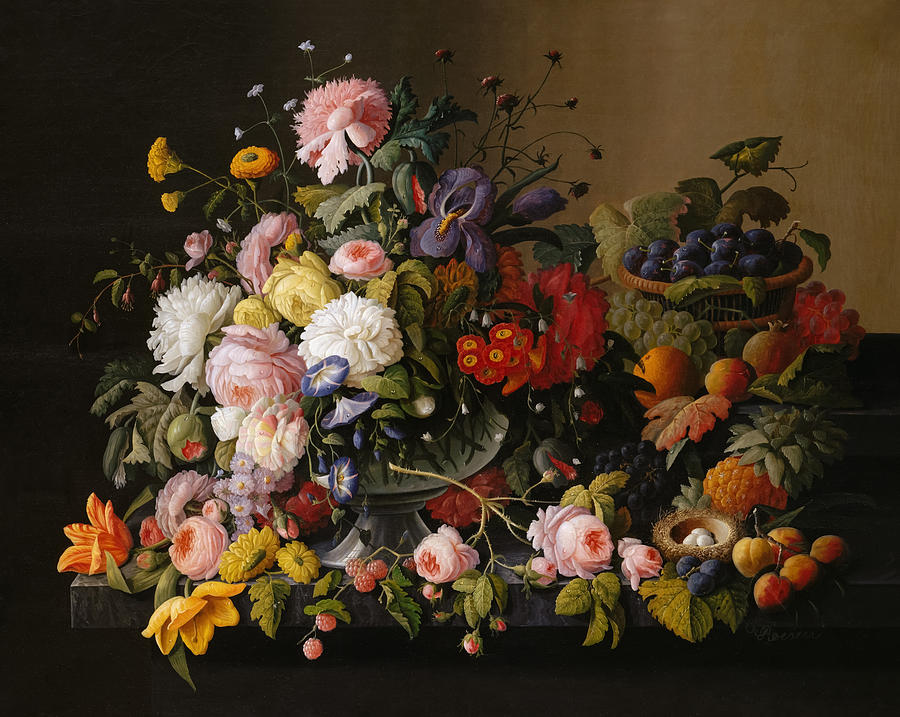 Severin Roesen Painting - Flowers and Fruit by Severin Roesen by Mango Art