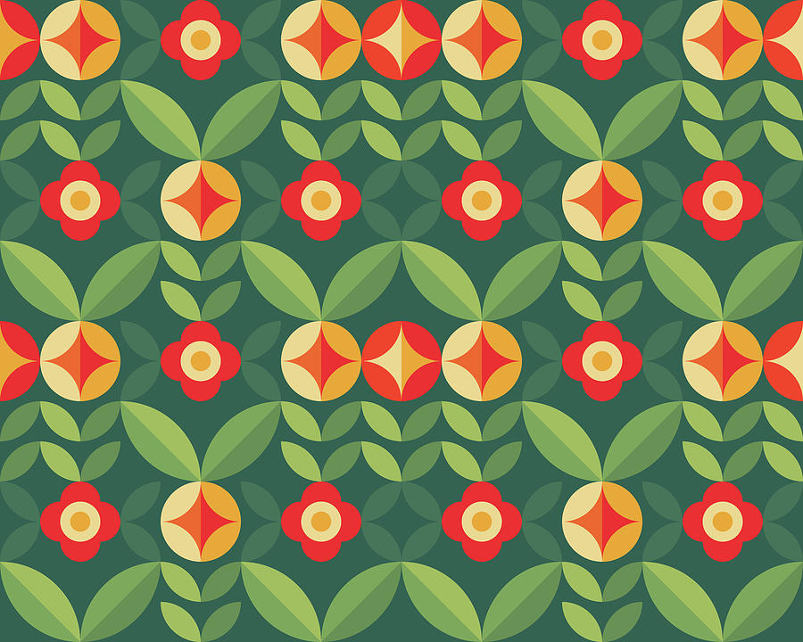 Flowers And Leaves Nature Background. Abstract Geometric Seamless Pattern. Decorative Ornament In Retro Vintage Design Flat Style. Floral Backdrop. Illustration. Drawing