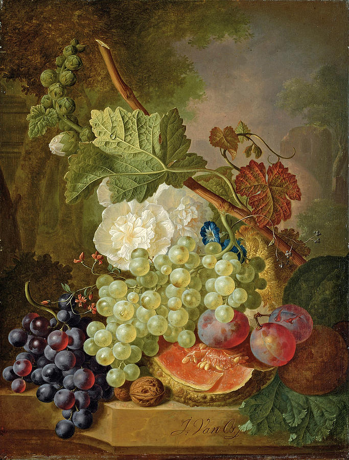 Flowers, grapes, plums, walnuts and a melon on a stone ledge Painting ...