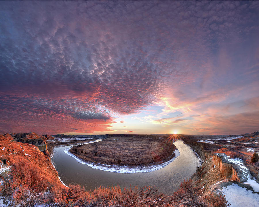Flowing to the Sun - Sunset Panorama of Little Missouri at Wind Canyon - Badlands National Park ND #1 Photograph by Peter Herman