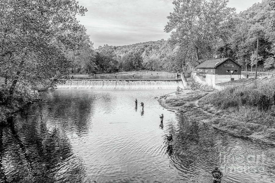 Fly Fishing By Bennett Spring Dam Grayscale Photograph by Jennifer White