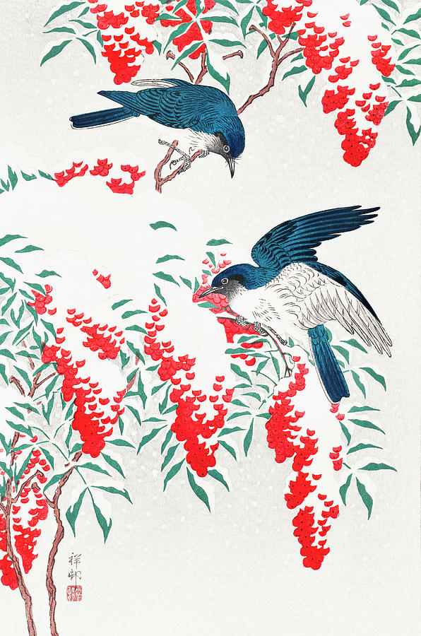 Animal Painting - Flycatchers on a nandina bush by Ohara Koson  by Mango Art