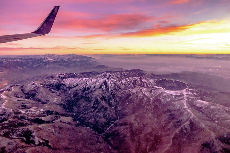Flying Over Rockies In Airplane From Salt Lake City At Sunset #1 Photograph by Alex Grichenko