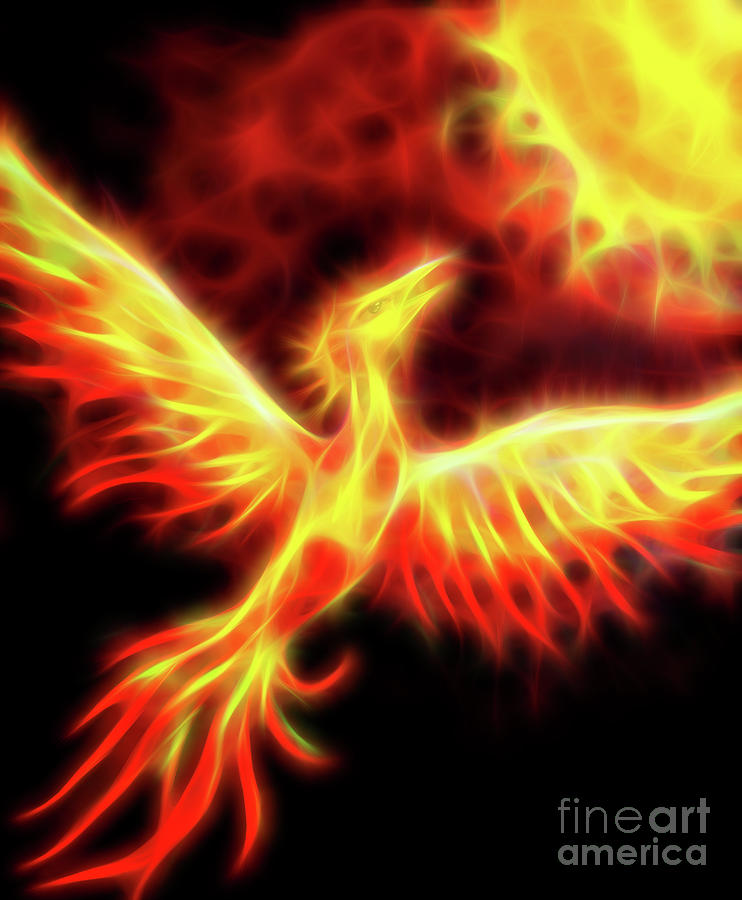 Flying phoenix bird as symbol of rebirth and new beginning. Fractal