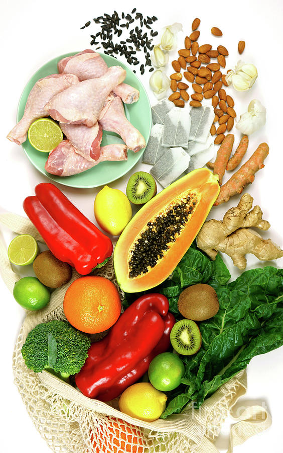 Foods that boost the Immune System including fruit, vegetables and poultry. #1 Photograph by Milleflore Images