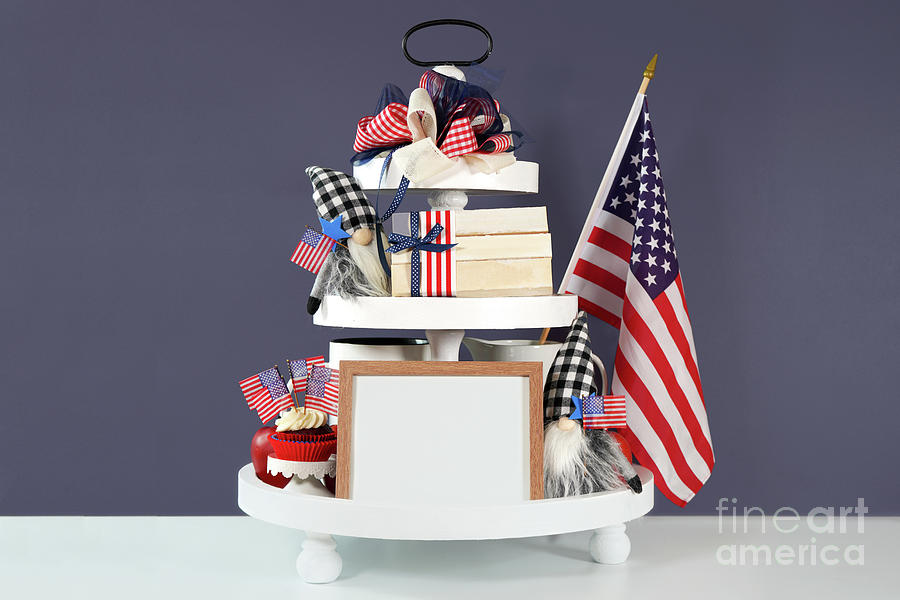 Fourth July Farmhouse aesthetic three tiered tray decor. #1 Photograph by Milleflore Images
