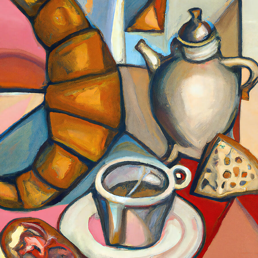 Coffee Painting - Fresh Croissant And Coffee - Funky Abstract Style #1 by StellArt Studio