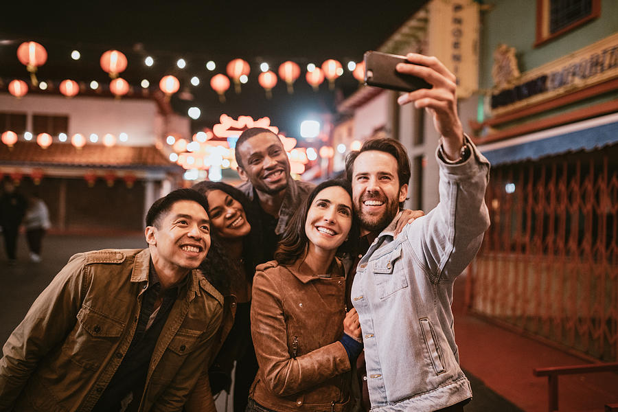 Friends Take Selfie in Chinatown Downtown Los Angeles At Night #1 Photograph by RyanJLane