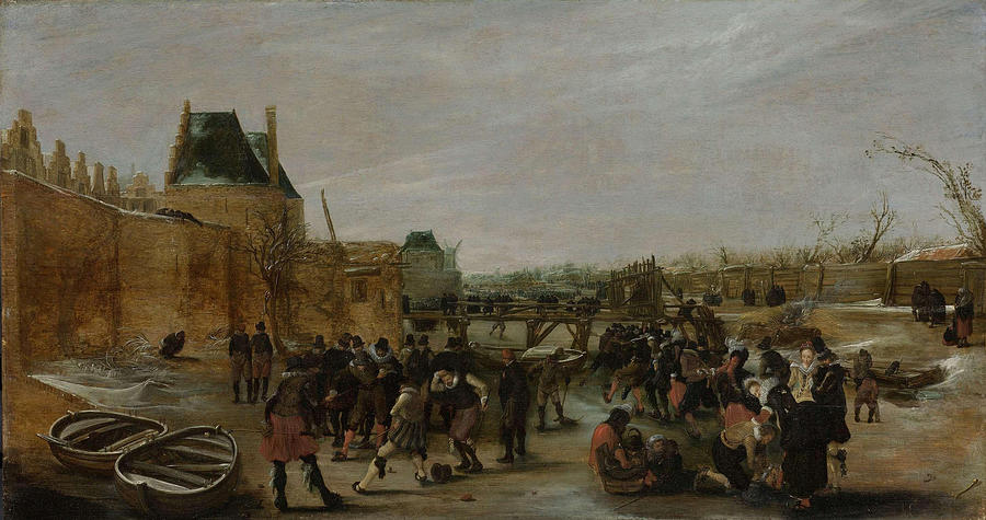 Frolicking on a frozen canal in a town Painting by Hendrick Avercamp