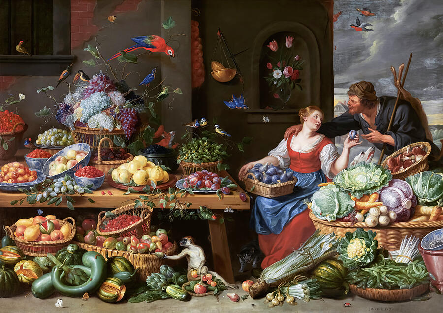 Jan Van Kessel Painting - Fruit and Vegetable Market with a Young Fruit Seller #1 by Jan van Kessel