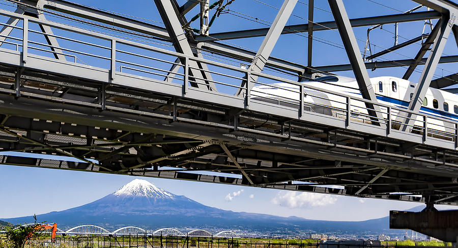 Fuji Mountain and High Speed Bullet Train with Blue Sky #1 Photograph by DoctorEgg