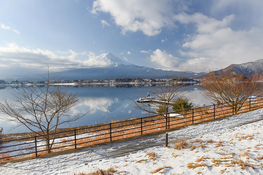 Fuji Mountain Reflection and Snow in Winter at Kawaguchiko Lake, Japan #1 Photograph by DoctorEgg