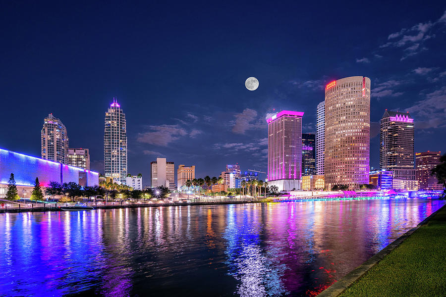 Tampa Photograph - Full Moon Over Downtown Tampa  by Lance Raab Photography