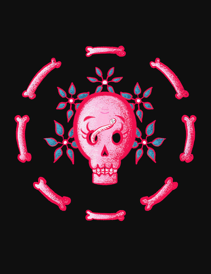 Funny Skull In Pink With Flowers And Bones Digital Art