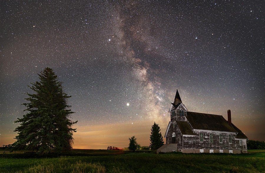 Galactic Path to the Big Coulee Lutheran Church - milky way above abandoned ND church Photograph by Peter Herman