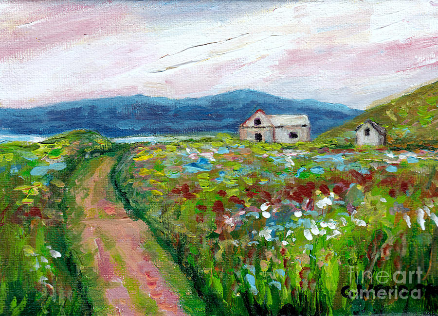  Gaspe Rural Road Towards Little House With Red Roof Grace Venditti Quebec Summer Scene Painting Painting by Grace Venditti