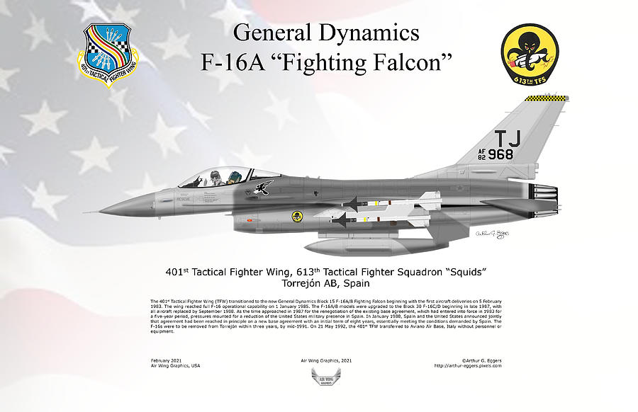General Dynamics F-16A Fighting Falcon 613TFS FLAG BACKGROUND Digital Art by Arthur Eggers