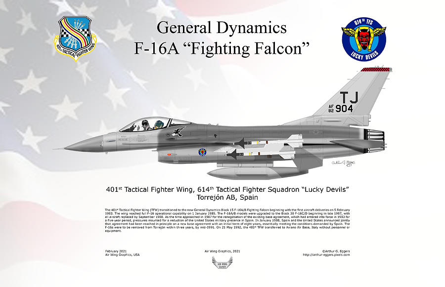 General Dynamics F-16A Fighting Falcon 614TFS FLAG BACKGROUND Digital Art by Arthur Eggers