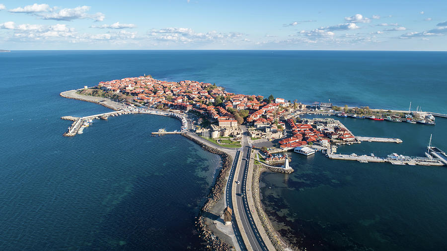 General View Of Nessebar, Ancient City On The Black Sea Coast Of Bulgaria. Panoramic Aerial View. Photograph