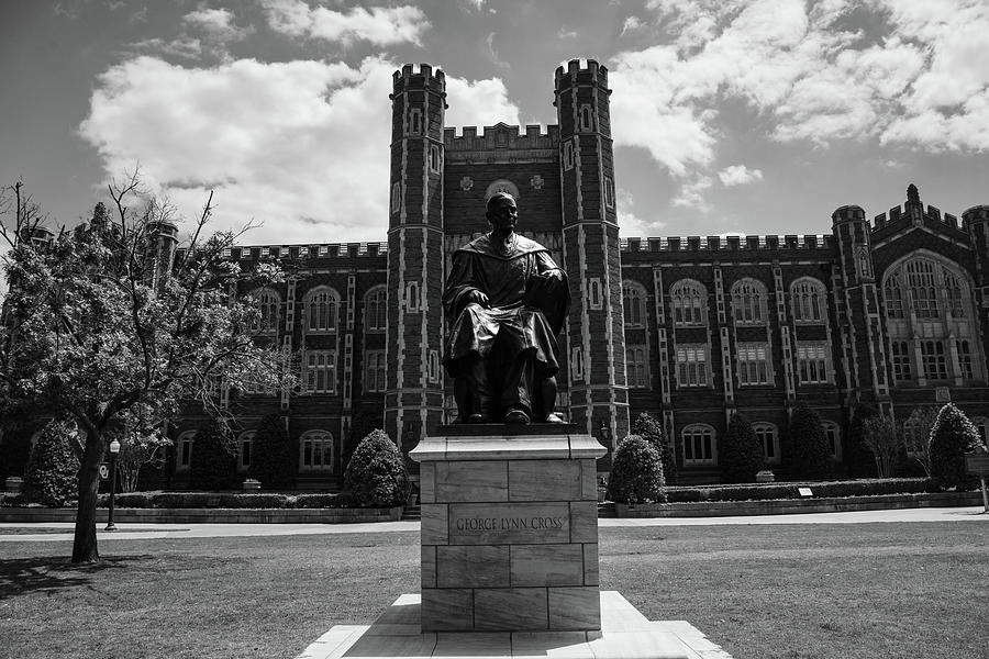 George Lynn Cross statue on the campus of the University of Oklahoma in black and white #1 Photograph by Eldon McGraw