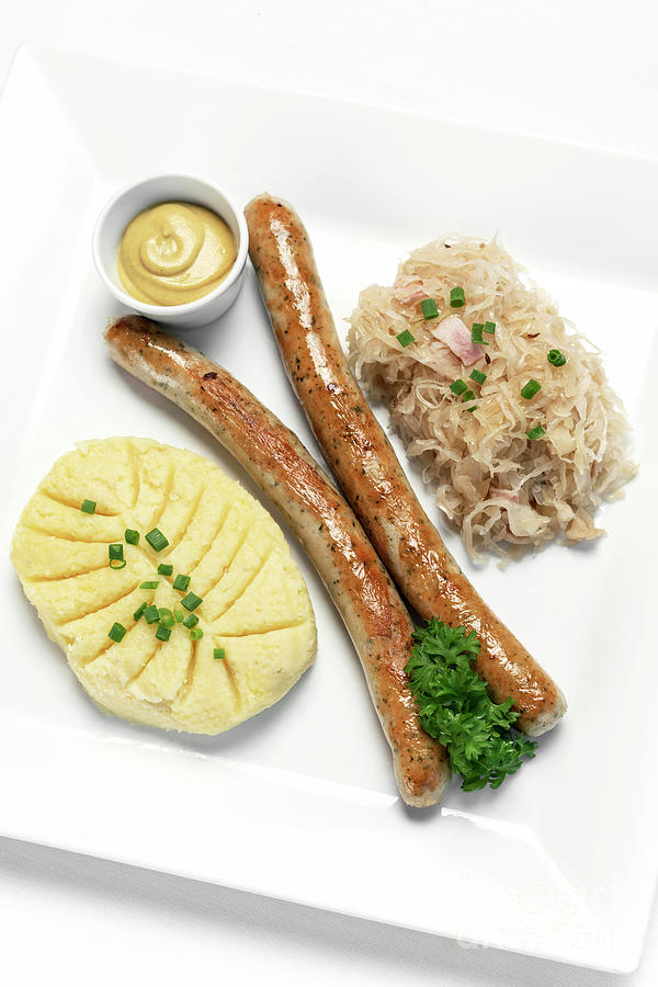 German Thuringer Sausage With Mashed Potato And Sauerkraut Meal Photograph