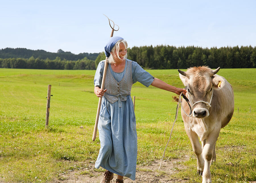 Germany, Bavaria, Mature woman with cow on farm #1 Photograph by Westend61