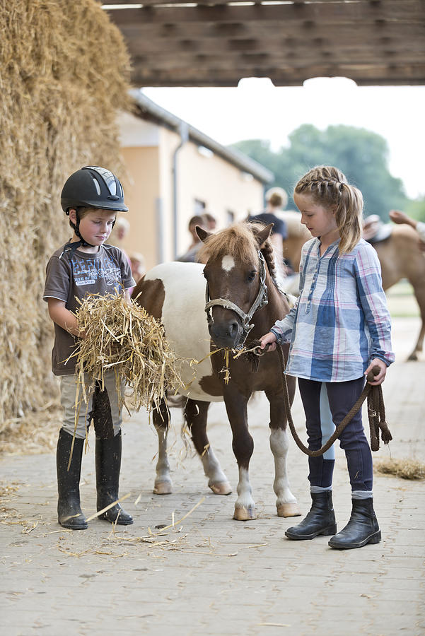 Germany, NRW, Korchenbroich, Boy and Girl at riding stable with mini shetland pony #1 Photograph by Westend61