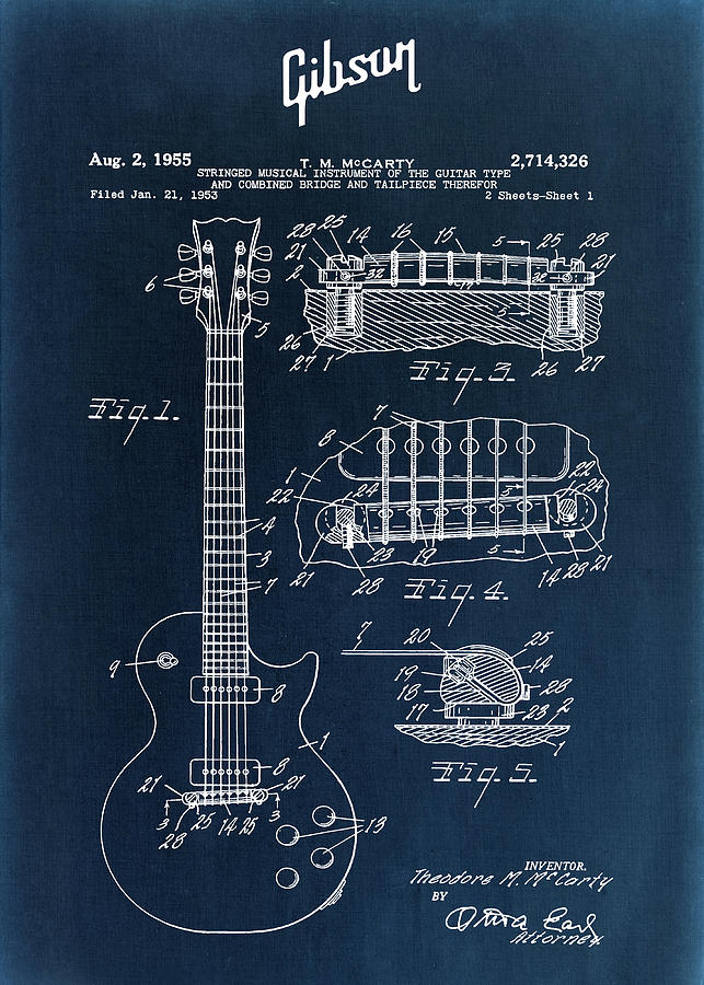 Gibson Les Paul Blueprint Digital Art By Christophe Henin Fine Art