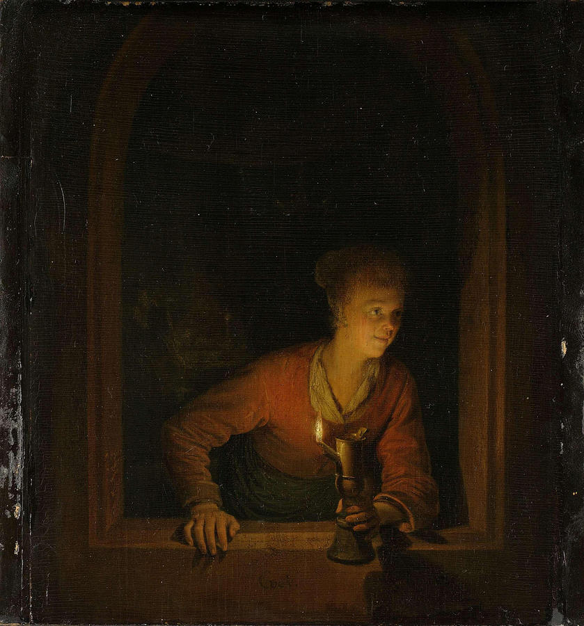 Lamp Painting - Girl with an Oil Lamp at a Window  #1 by Gerrit Dou