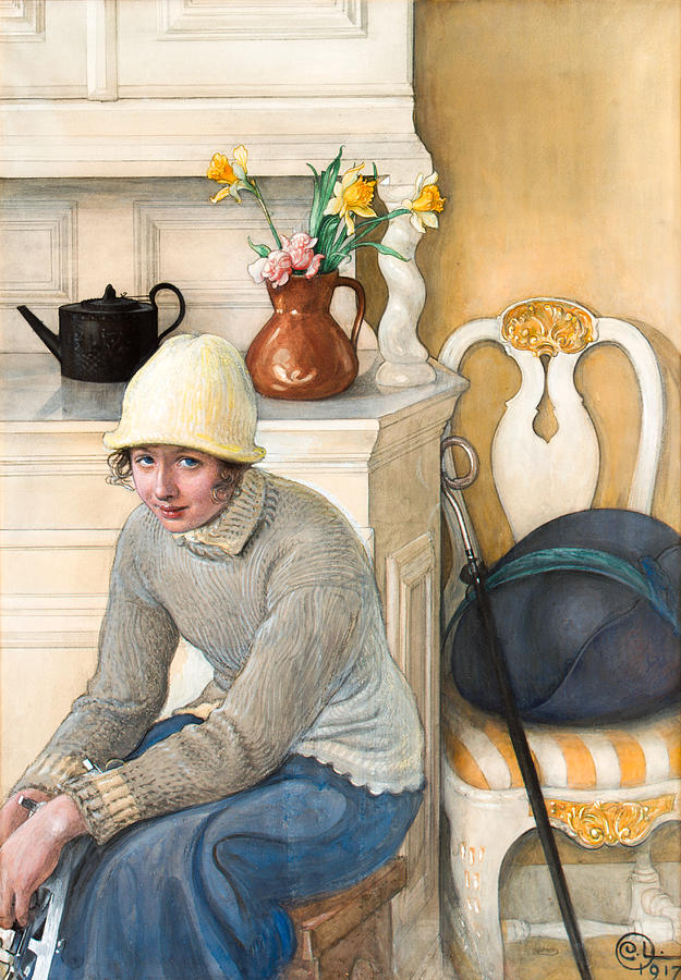 Girl with ice skates, interior from the school household, Falun #2 Drawing by Carl Larsson