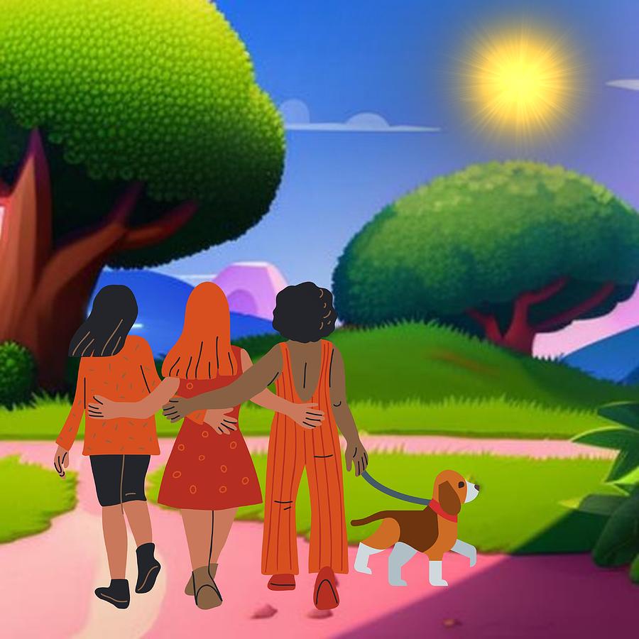 Girlfriends Walking a Dog Digital Art by Bob Pardue
