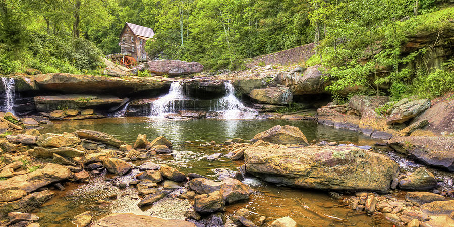 Rural Scene Photograph - Glade Creek Grist Mill and Twin Waterfalls Panorama #1 by Gregory Ballos