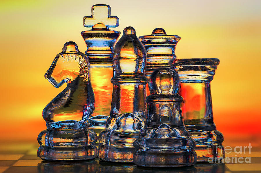 Glass chess pieces, king, queen, knight, bishop, rook and pawn. Macro Photograph by Pablo Avanzini