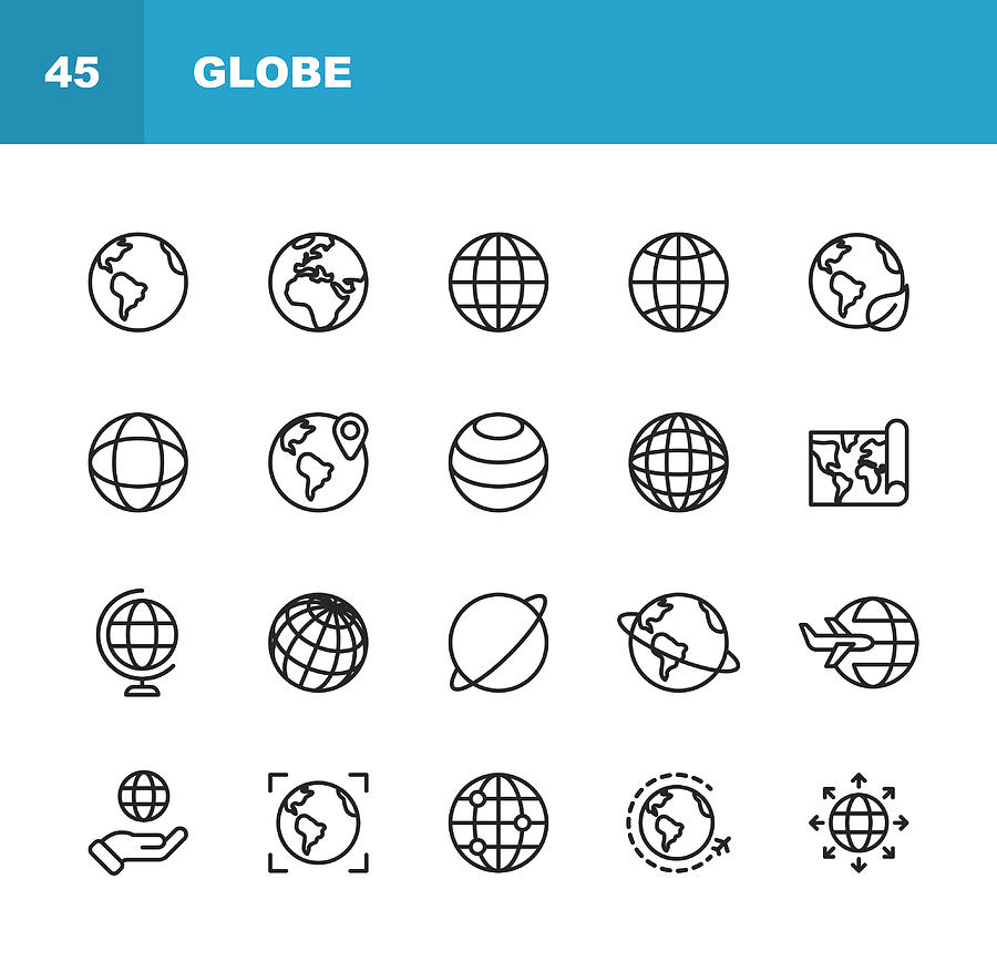 Globe and Communication Line Icons. Editable Stroke. Pixel Perfect. For Mobile and Web. Contains such icons as Globe, Map, Navigation, Global Business, Global Communication. #1 Drawing by Rambo182