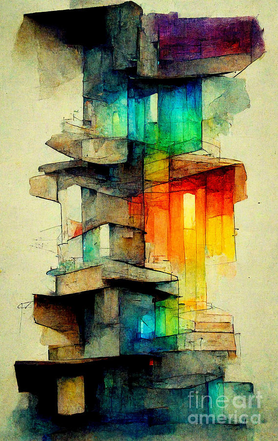 Watercolor Digital Art - Glowing blocks #1 by Sabantha