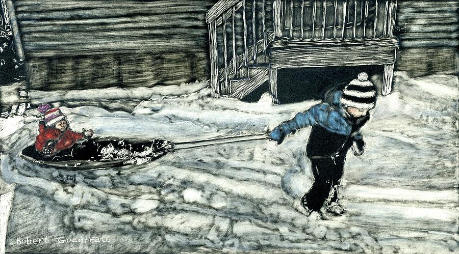 Winter Painting - Going Sledding by Robert Goudreau Winter Painting - Going Sledding by Robert Goudreau