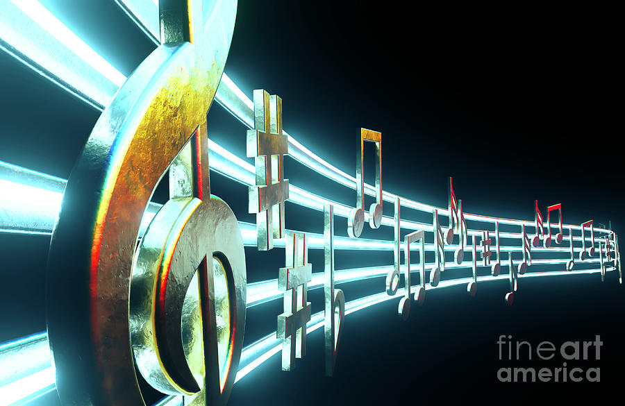 Music Digital Art - Gold Music Notes On Neon Lines #1 by Allan Swart