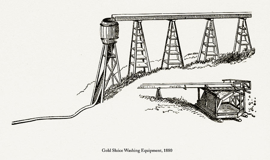 Gold Sluice Washing Equipment, Early American Engraving, 1880 #1 Drawing by Bauhaus1000