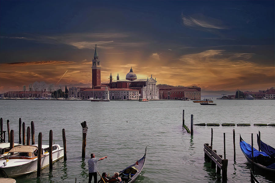 Gondolas with San Giorgio Maggiore #1 Photograph by Steve Estvanik