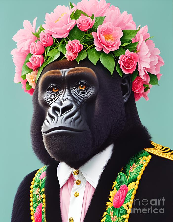 Gorilla funny portrait with flowers #1 Painting by Vincent Monozlay