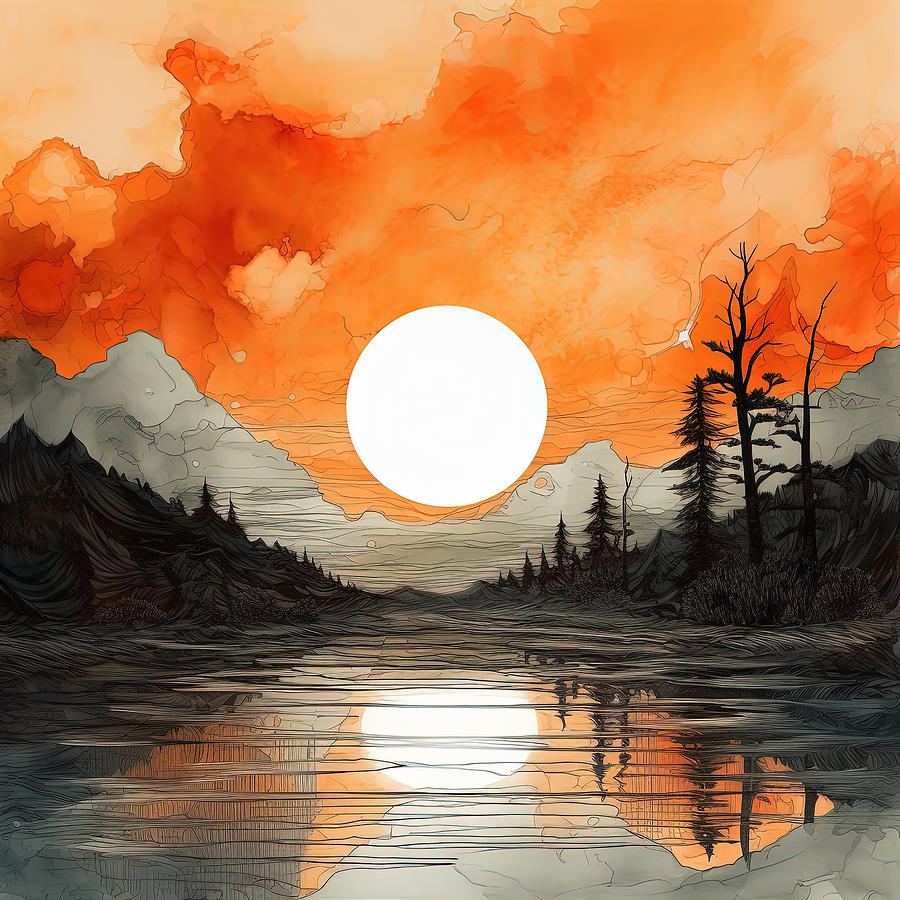 Gray And Orange Moonlight Art Painting