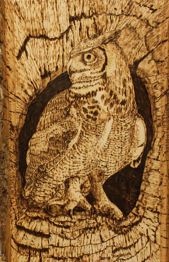 Great Horned Owl Pyrography by Terry Frederick