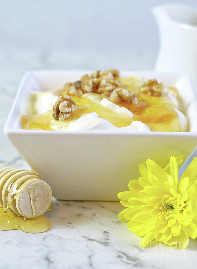 Greek style yoghurt served with honey and walnuts, closeup. #1 Photograph by Milleflore Images