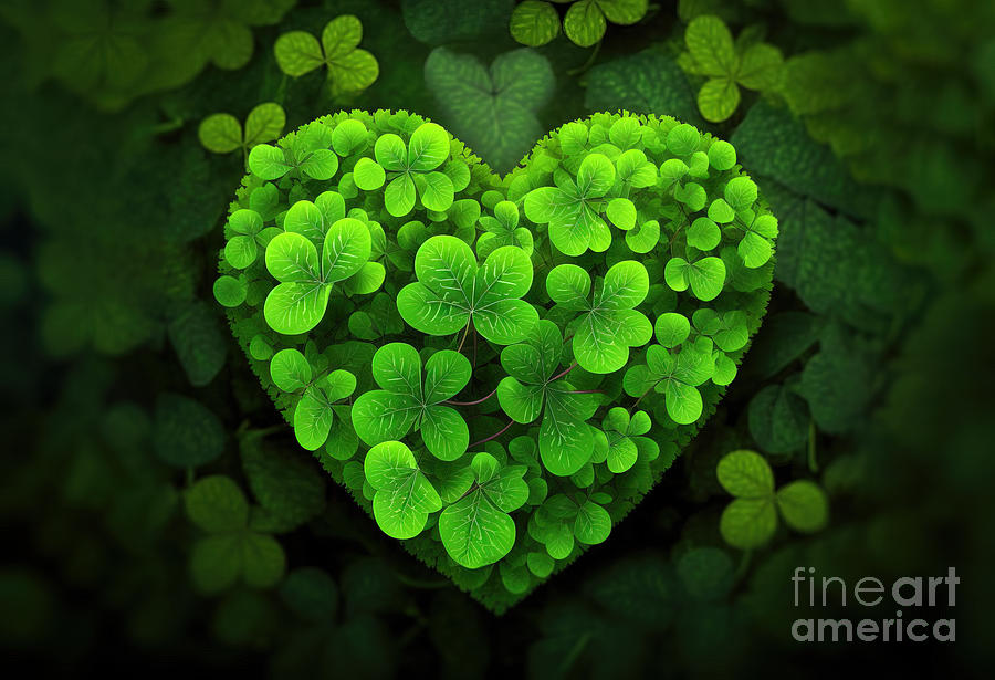 Clover Photograph - Green heart shaped clover for St Patricks Day. Generative AI #1 by Michal Bednarek