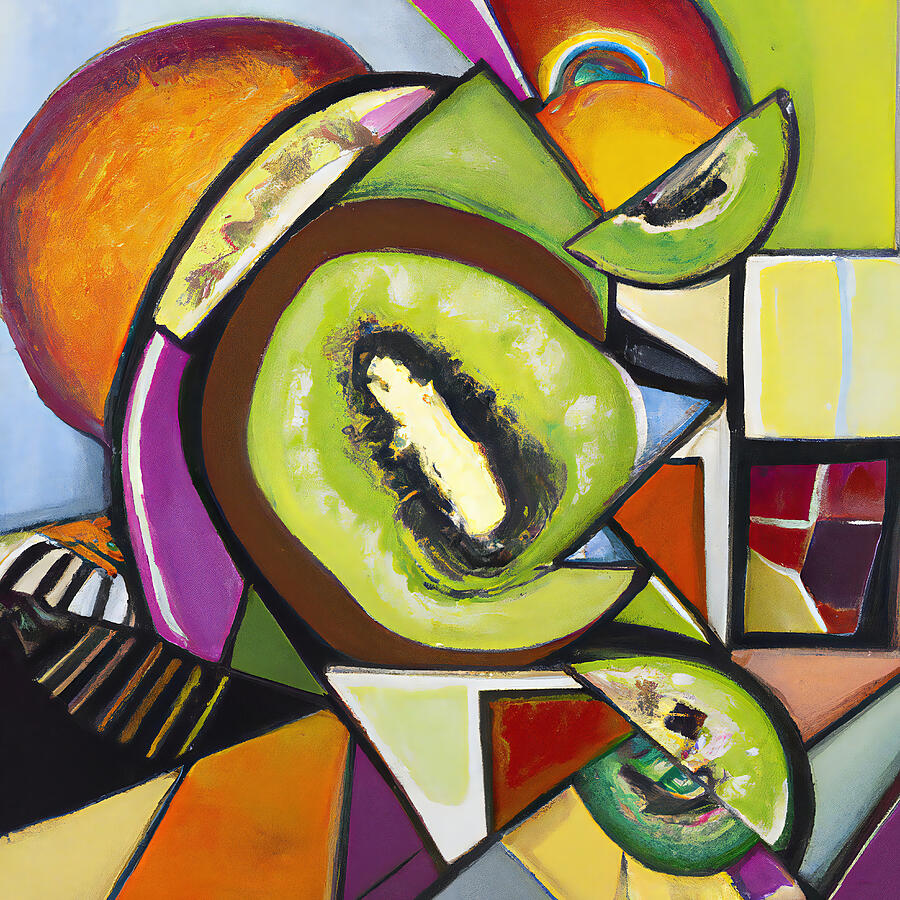 Abstract Painting - Green Juicy Fresh Kiwi Fruit Slices - Funky Geometric Abstract #1 by StellArt Studio