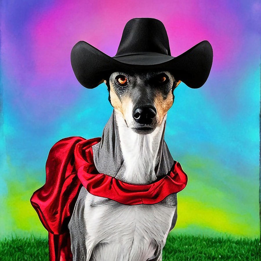 Greyhound dressed up in silly costumes like a superhero or a cowboy Digital Art by Adrien Efren