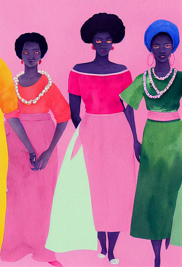 group  of  african  women  wearing  only  pink  and  green  wi  by Asar Studios Painting
